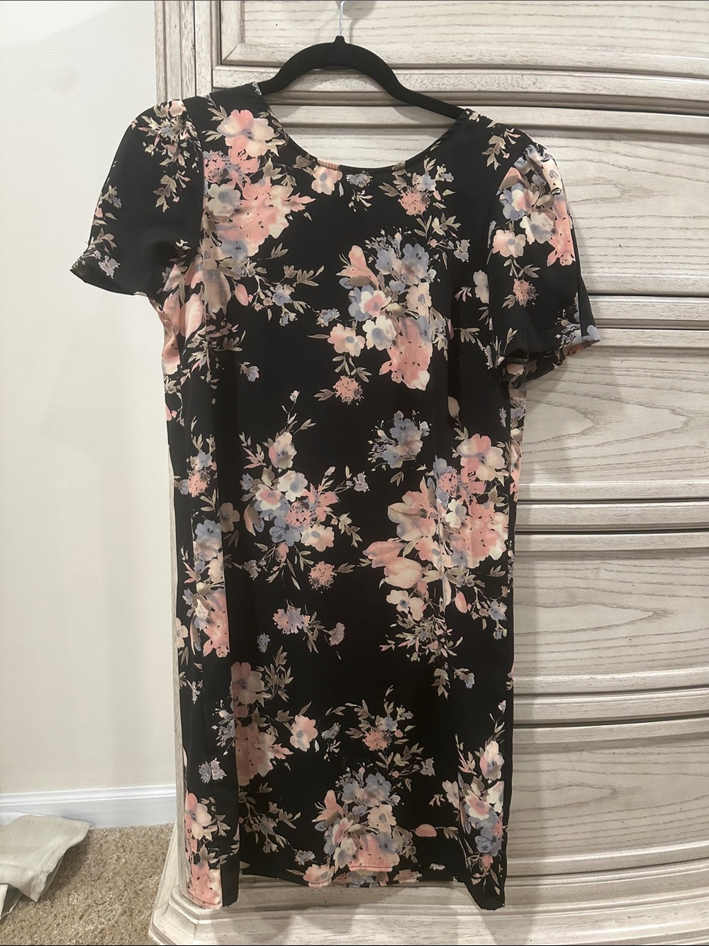 Soprano Black Floral Shift Dress with Pink & Light Blue Blooms